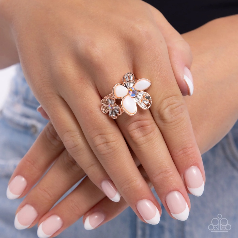 Paparazzi White and Gold Butterfly Ring with Intricate Detailing